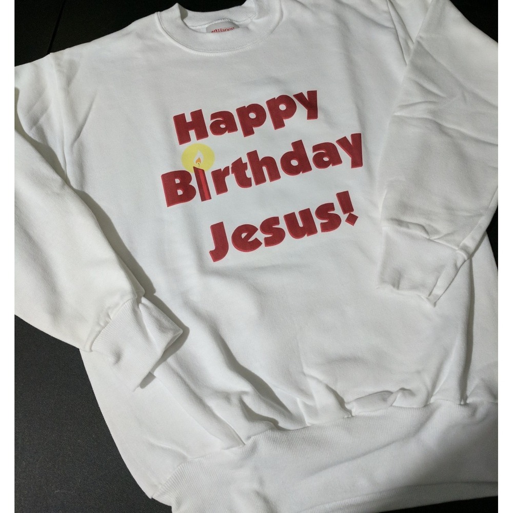 Youth boy girl white size M 10-12 sweatshirt Happy Birthday Jesus Christmas